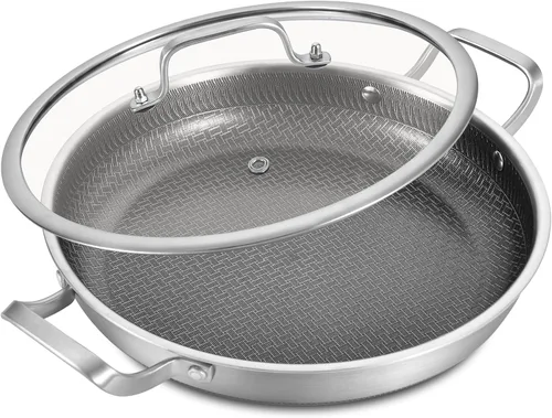 LOLYKITCH - Sartén antiadherente de 12 pulgadas para paella con asas laterales y tapa, revestimiento cerámico, acero inoxidable de tres capas,