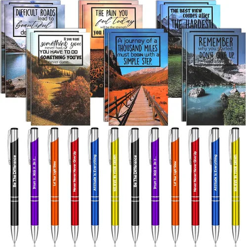 Miniatura 12 de Geyee 24 mini bolígrafos motivacionales, blocs de notas inspiradores, regalos de agradecimiento a granel, diarios pequeños, juego de bolígrafos
