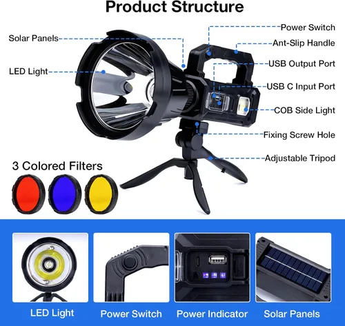 Miniatura 6 de Foco Solar Recargable de 3,000,000 Lúmenes de Alto Brillo, Focos LED Súper Brillantes para Exteriores, Linterna de Mano de Largo Alcance con 6