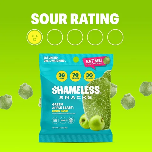 Miniatura 9 de Shameless Snacks – Snacks saludables bajos en calorías, gomitas keto bajas en carbohidratos (caramelos sin gluten) – Paquete de 6 Green Apple Blast