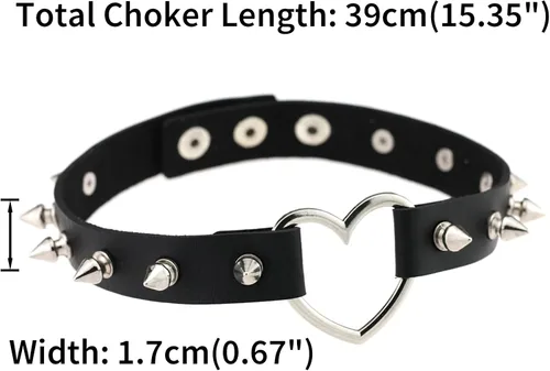 Miniatura 3 de FM FM42 Multicolor Simulated Leather PU Black-toneSilver-tone Heart Ring Rivet Spiked Necklace Neckband Choker