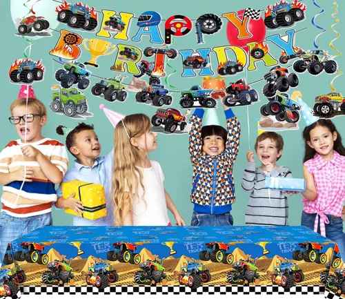 Miniatura 7 de Decoraciones de cumpleaños de Monster Truck incluyen 2 manteles, pancarta de cumpleaños, remolinos colgantes, calcomanías y guirnalda (Monstertruck)