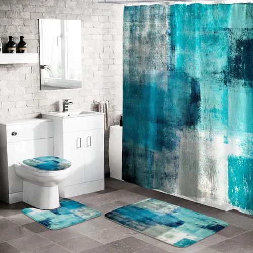 Miniatura 10 de MitoVilla Juego de 4 piezas de baño azul marino con cortina de ducha y alfombras, juegos de cortinas de ducha azul oscuro con alfombras