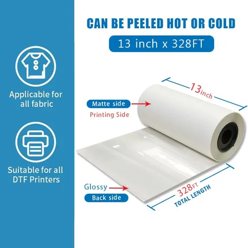 AOK Rollo de película DTF Premium (13 pulgadas x 328 pies) Película de transferencia de calor DTF para impresora DTF de una cara, película DTF de