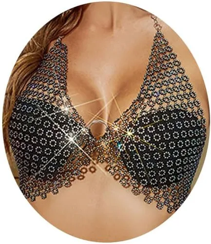 Foyte Cadena de malla con diamantes de imitación para el cuerpo, color negro, sexy, top corto para cubrir, sin espalda, para mujer, joyería corporal