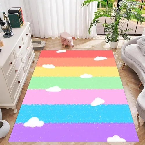 Miniatura 3 de Alfombras suaves de arco iris para dormitorio de niña, alfombras coloridas y peludas, alfombras de juego para niños, estampado de nube blanca, arco