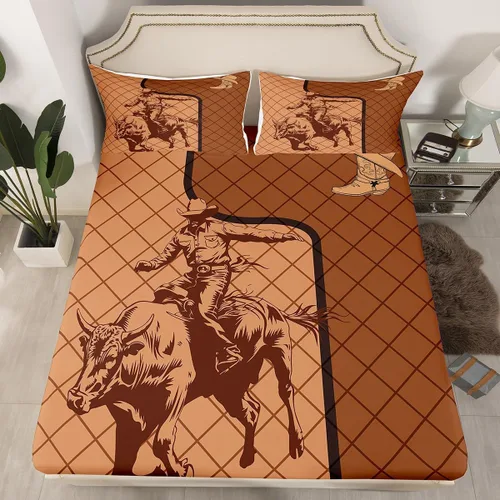 Miniatura 8 de Juego de ropa de cama de silueta de caballo vaquero, tamaño individual, sábana bajera ajustable de microfibra suave de microfibra suave con diseño