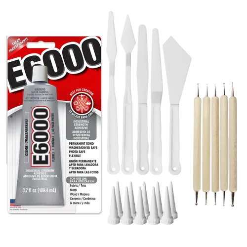 E6000 Paquete de adhesivos para manualidades: tubo de 3.7 fl oz con 10 aplicadores de punta de recorte, juego de 5 herramientas de esparcidor de