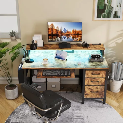 Miniatura 4 de Lufeiya Escritorio para juegos con luces LED y tomas de corriente, escritorios de oficina en casa de 47 pulgadas con bandeja para teclado
