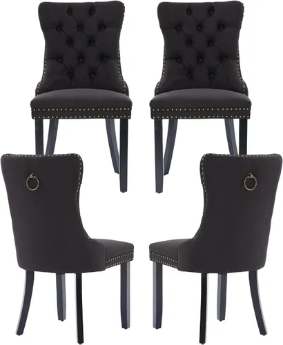 Miniatura 93 de Juego de 2 sillas de comedor de terciopelo, silla de comedor tapizada de alta gama con tirador de anillo en la espalda, adorno de clavos y patas