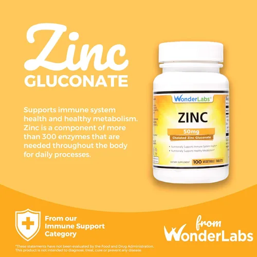 Miniatura 4 de Wonder Laboratories Gluconato de zinc quelatado de 50 mg - Apoya la piel sana, el sistema inmunológico, el crecimiento celular y más - 100 tabletas