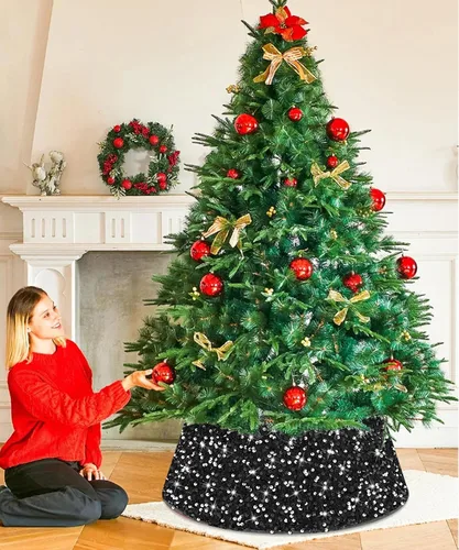Miniatura 3 de FOTSHARER Collar dorado para árbol de Navidad de 23.6 pulgadas, falda de árbol de Navidad con lentejuelas, anillo de árbol con purpurina para otoño