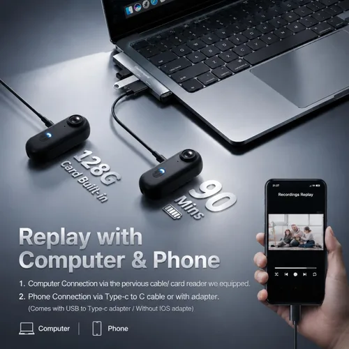 Miniatura 7 de Mini Cámara Corporal 4K 128GB - Cámara Corporal de Acción con Audio y Video - Grabación Impermeable Manos Libres Cámaras Vestibles - Videocámara