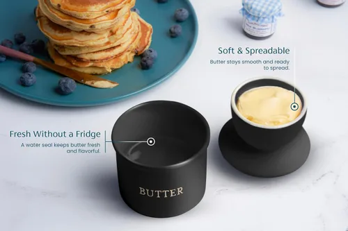 Miniatura 3 de KooK Recipiente para Mantequilla con Tapa, Mantequilla Suave para Untar, Mantequilla Francesa de Cerámica para Dejar en la Encimera con Línea