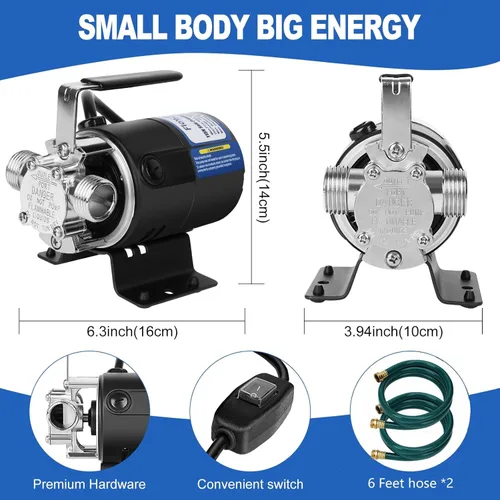 Miniatura 2 de Bomba de transferencia de agua de 110 V con interruptor conveniente, 1/10 HP 330 GPH con puertos de 3/4 pulgadas Bomba de agua de doble manguera