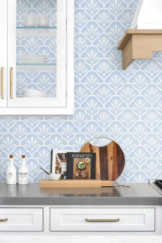 Miniatura 3 de Guvana Papel tapiz geométrico de 17.32 x 118 pulgadas, papel tapiz azul para despegar y pegar, papel de contacto de enrejado azul y blanco, papel