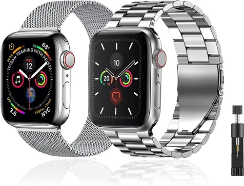 Miniatura 13 de Paquete de 2 correas de metal compatibles con Apple Watch Band 38/40/41/42/44/45/46/1.929 in, acero inoxidable y malla milanesa para iWatch Band