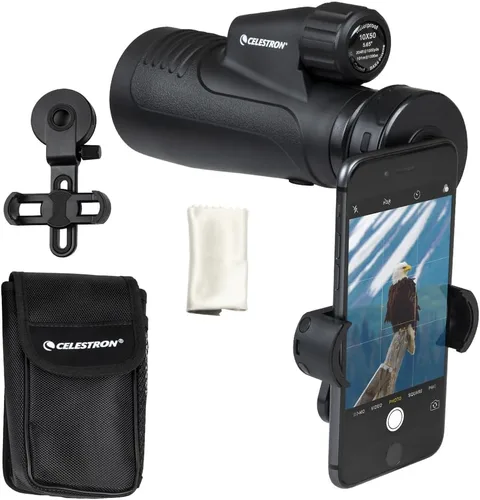 Celestron Outland X 10x50 Monocular - Incluye adaptador para teléfono inteligente - Lente objetivo grande de 1.969 in - Óptica multicapa - Prisma