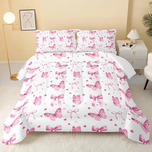 Miniatura 8 de QOOMO Juego de edredón de 3 piezas con diseño de mariposa de dibujos animados, tamaño individual, bonito juego de ropa de cama con lazo