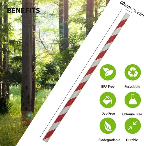Miniatura 3 de Pajitas biodegradables de papel a rayas rojas de 7.75 pulgadas, caja de 100 popotes ecológicos de Navidad rojos y blancos perfectos para beber