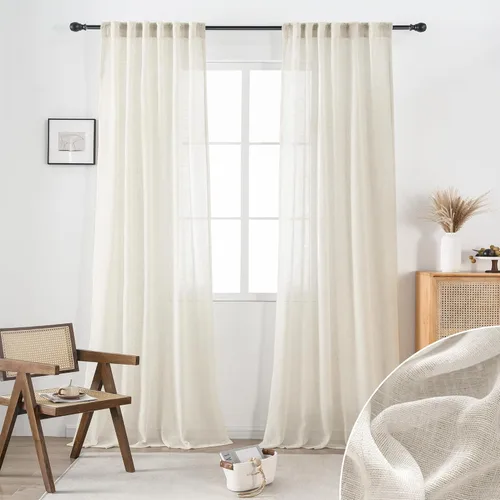 Cortinas de lino transparente color crema de 96 pulgadas de largo para sala de estar, 2 paneles con bolsillo con pestaña trasera, suaves, naturales,