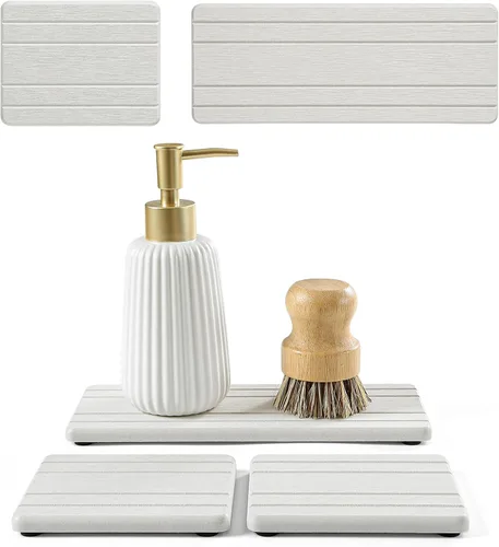 Miniatura 9 de Paquete de 2 bandejas de fregadero de piedra de diatomita, tapete de grifo absorbente de agua para encimera de cocina y baño, jabonera decorativa