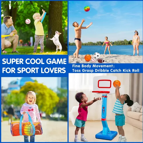 Miniatura 6 de 5 Pack Set de pelotas deportivas para niños con bolsa, juguetes al aire libre para niños de 1 a 3 años, fútbol, baloncesto, béisbol, voleibol