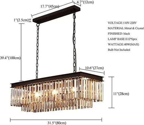 Miniatura 4 de Crytal Chandeliers - Lámpara colgante rectangular negra con cristal K9