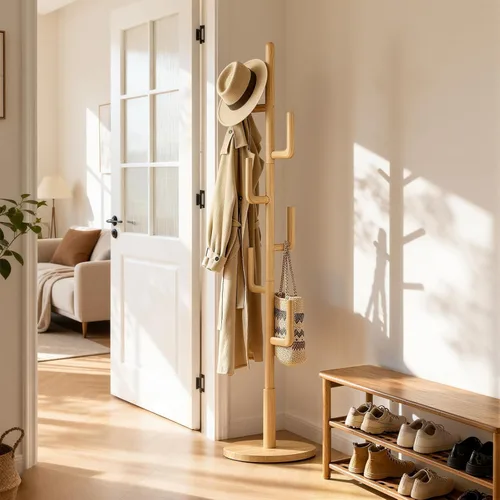 Miniatura 9 de Perchero independiente de madera maciza de cactus con 6 ganchos en forma de L y 3 tamaños ajustables, perchero para dormitorio, entrada, sala