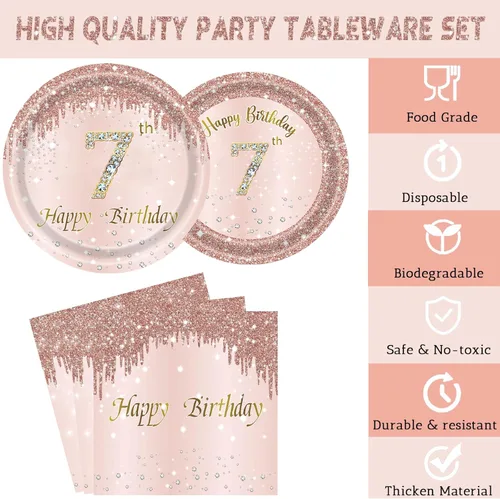 Miniatura 3 de Juego de 24 platos y servilletas, tenedores, suministros de fiesta para 7 años de edad, desechables, color oro rosa, para 24 invitados