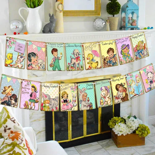 Racenaf Cartel vintage de Pascua – 17 piezas de decoración de banderines, pastel, tarjetas rectangulares de 7.1 x 5.5 pulgadas, cartón duradero,