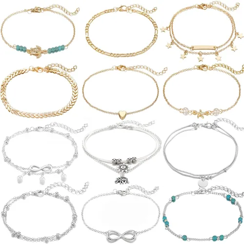 Starain - Juego de 12 tobilleras para mujer y niña, ajustable, diseño de corazón, elefante, capas, color dorado y plateado, joyería de pie para la
