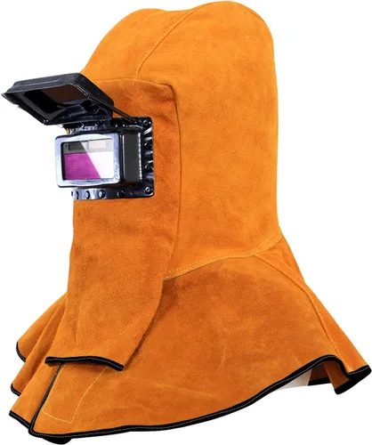 Miniatura 9 de Máscara de soldadura de cuero, capucha de cuero con capucha de soldador, casco de soldador con lente de filtro de oscurecimiento automático, casco