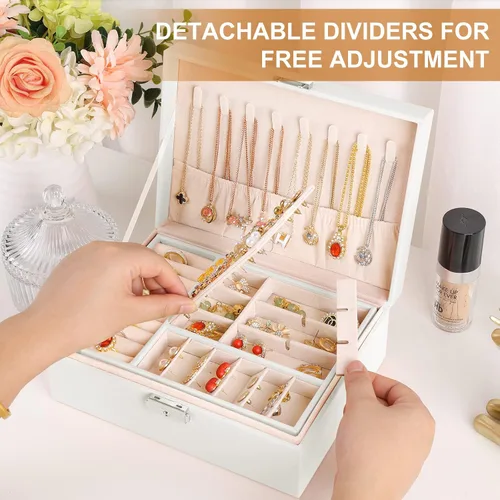 Miniatura 3 de Joyero organizador para mujeres y niñas, 2 capas de cuero, estuche de almacenamiento de joyas de viaje con cerradura y bandeja extraíble