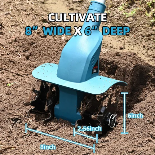 Miniatura 8 de Cultivador de suelo sin cable de 21 V, cultivador de jardín de 8 pulgadas de ancho con batería de 4.0 Ah, cultivador con dientes de acero y pantalla