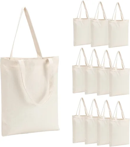 Segarty 12 Pack Washable Canvas Bags 13x15in with Shoulder Strap, Sturdy Reusable Beige Blank Totebags for DIY Painting Embroidery, Portable &