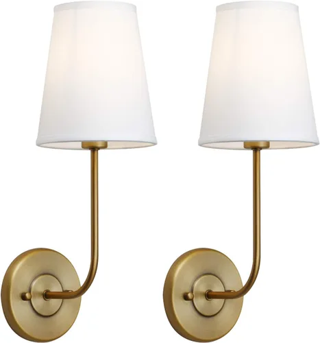 Pathson Juego de 2 apliques de pared cableados con pantalla de tela blanca, accesorios de pared vintage para baño, decoración para dormitorio, sala