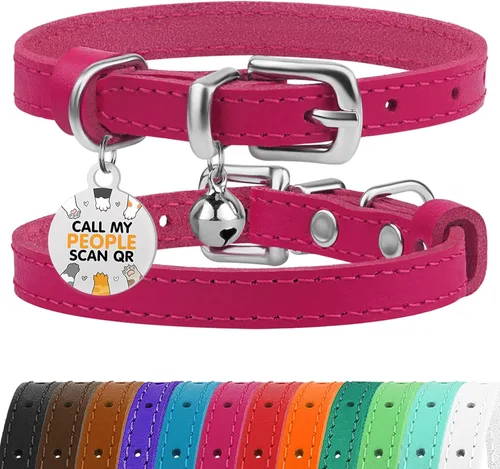 Miniatura 38 de BRONZEDOG Collar de cuero para gato con campanas extraíbles sin liberación rápida, etiqueta QR para gatito para niña y niño