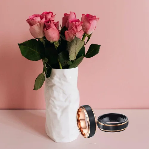 Miniatura 4 de Juego de anillos de promesa personalizados a juego para parejas, anillos de compromiso de oro rosa negro para mujeres de 0.315in y hombres, anillo