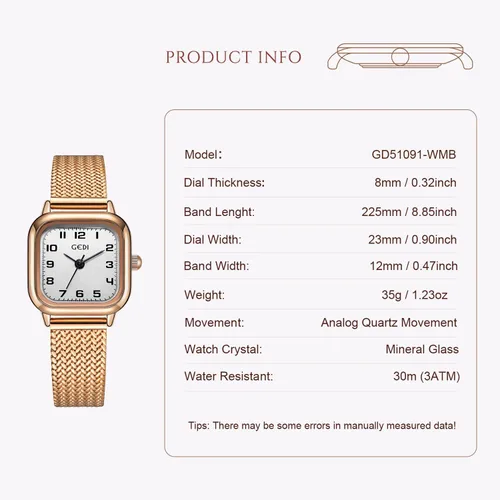 Miniatura 4 de Reloj cuadrado de oro rosa para mujer con esfera de números arábigos pequeños, pulsera de acero inoxidable, movimiento de cuarzo, resistente al agua
