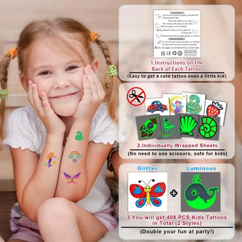 Miniatura 2 de Partywind 408 tatuajes temporales para niños, calcomanías de tatuaje falso con brillo y purpurina para niños y niñas, suministros de fiesta, lindos