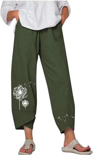 Miniatura 17 de Pantalones Capri de Lino de Algodón para Mujer 2025, Pantalones Palazzo Recortados Casuales con Estampado, Cintura Elástica, Pantalones Holgados