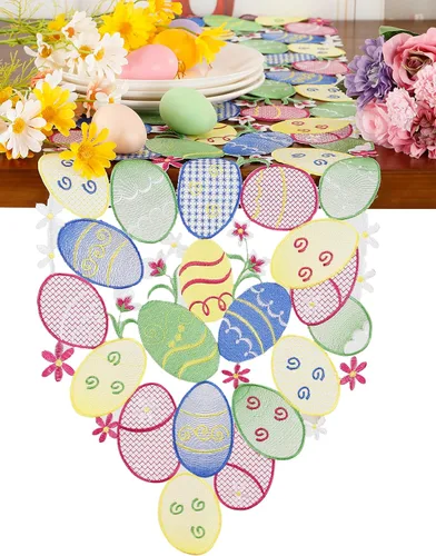 Miniatura 16 de Camino de mesa de Pascua, primavera, conejos, huevos, camino de mesa floral, bordado floral y conejos, huevos, bufanda, decoración de mesa