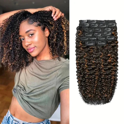 Miniatura 8 de Extensiones de cabello rizado kinky con clip para mujeres negras 14 pulgadas 2# marrón oscuro extensiones de cabello rizado con clip cabello humano