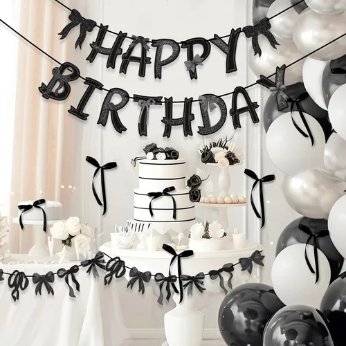 Miniatura 3 de Decoraciones de Cumpleaños con Lazo Negro Pre-encordado, Decoraciones de Fiesta Coqueta Negra, Suministros de Fiesta con Lazo Incluyen Pancarta