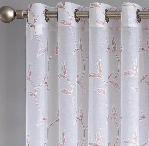 Miniatura 4 de Cortinas LinenZone de piso a techo para ventanas extra anchas. Cortinas transparentes blancas para divisores de habitación con bordado de hojas rosa
