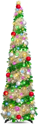 Árboles de Navidad artificiales de 6 pies, árbol de Navidad artificial, plegable con temporizador, 100 luces, 15 bolas, lápiz de oropel, árbol de