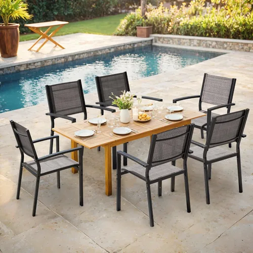Miniatura 2 de Flamaker Juego de 6 sillas de patio de textileno para exteriores, sillas de comedor apilables para patio trasero, terraza, junto a la piscina (gris)
