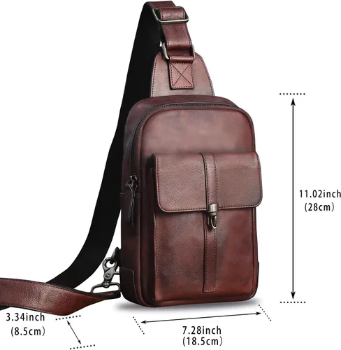 Miniatura 5 de IVTG Bolso bandolera de cuero genuino para hombres y mujeres vintage de piel de vaca real mochila bandolera bolsa de pecho, Café, Mochilas Sling