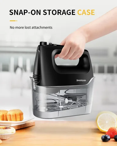 Miniatura 6 de SHARDOR Batidora de mano eléctrica, 6 velocidades y turbo, mezclador eléctrico de mano, estuche de almacenamiento a presión, 5 accesorios de acero